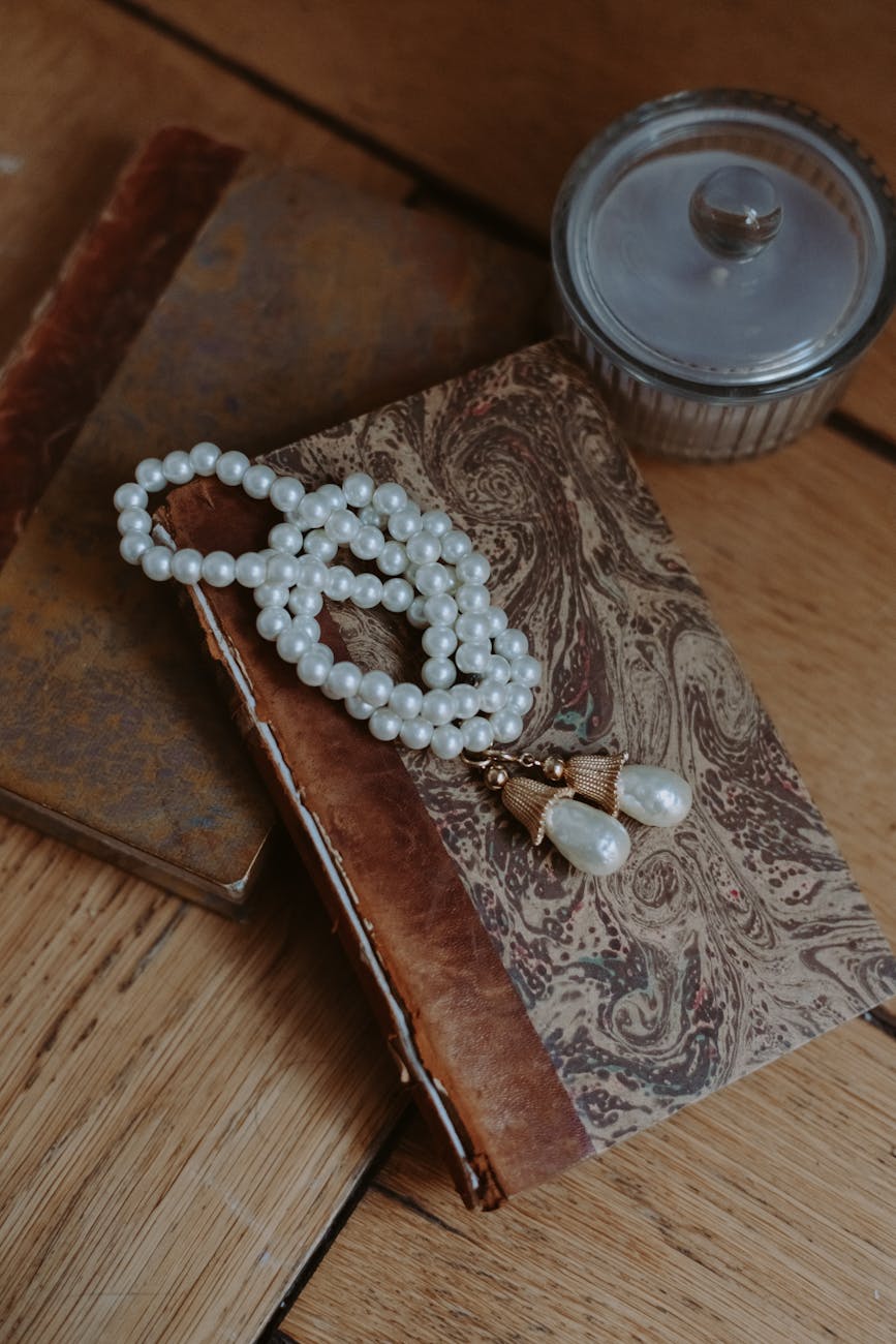 pearl necklace on the book